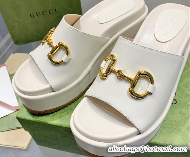 Good Quality Gucci Leather Wedge Platform Slide Sandal with Horsebit White 0422103