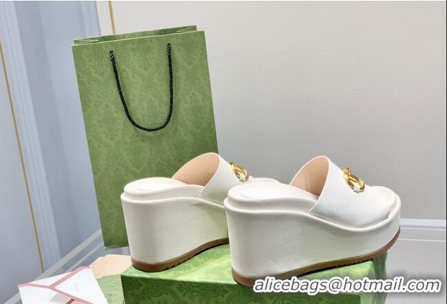 Good Quality Gucci Leather Wedge Platform Slide Sandal with Horsebit White 0422103