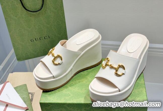 Good Quality Gucci Leather Wedge Platform Slide Sandal with Horsebit White 0422103