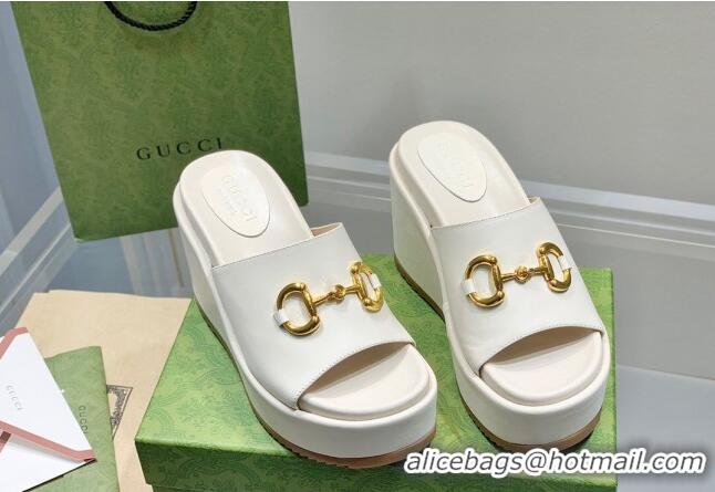 Good Quality Gucci Leather Wedge Platform Slide Sandal with Horsebit White 0422103