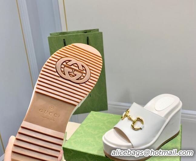 Good Quality Gucci Leather Wedge Platform Slide Sandal with Horsebit White 0422103