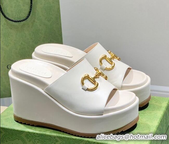 Good Quality Gucci Leather Wedge Platform Slide Sandal with Horsebit White 0422103