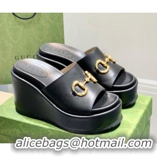 Unique Style Gucci Leather Wedge Platform Slide Sandal with Horsebit Black 0422104