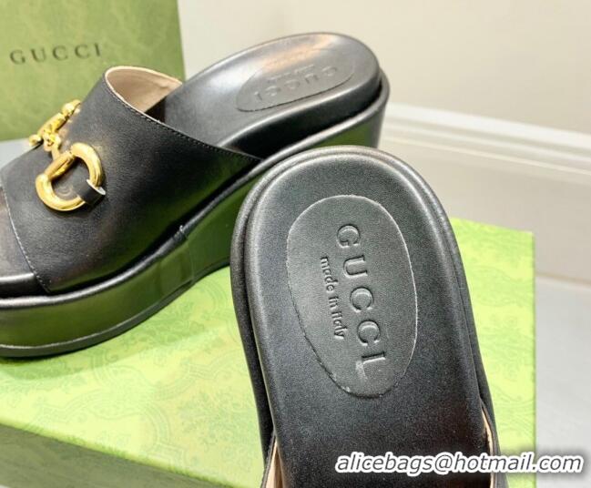 Unique Style Gucci Leather Wedge Platform Slide Sandal with Horsebit Black 0422104