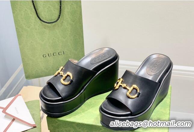 Unique Style Gucci Leather Wedge Platform Slide Sandal with Horsebit Black 0422104