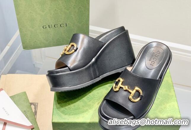 Unique Style Gucci Leather Wedge Platform Slide Sandal with Horsebit Black 0422104