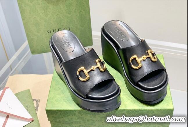 Unique Style Gucci Leather Wedge Platform Slide Sandal with Horsebit Black 0422104