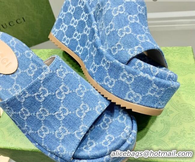 Grade Quality Gucci GG Denim Wedge Platform Slide Sandal Light Blue 0422105