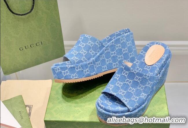 Grade Quality Gucci GG Denim Wedge Platform Slide Sandal Light Blue 0422105