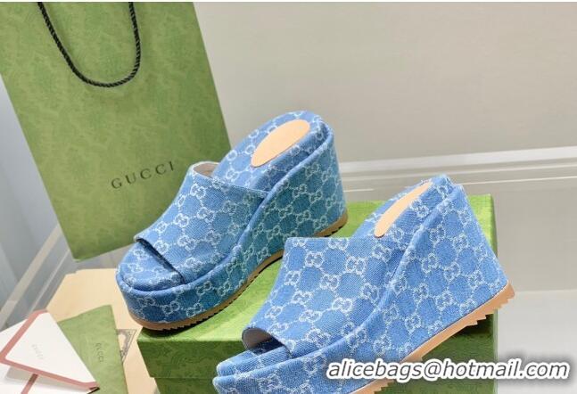 Grade Quality Gucci GG Denim Wedge Platform Slide Sandal Light Blue 0422105