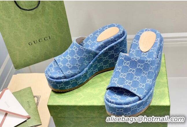 Grade Quality Gucci GG Denim Wedge Platform Slide Sandal Light Blue 0422105