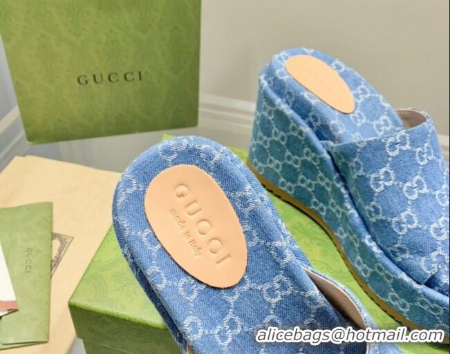 Grade Quality Gucci GG Denim Wedge Platform Slide Sandal Light Blue 0422105