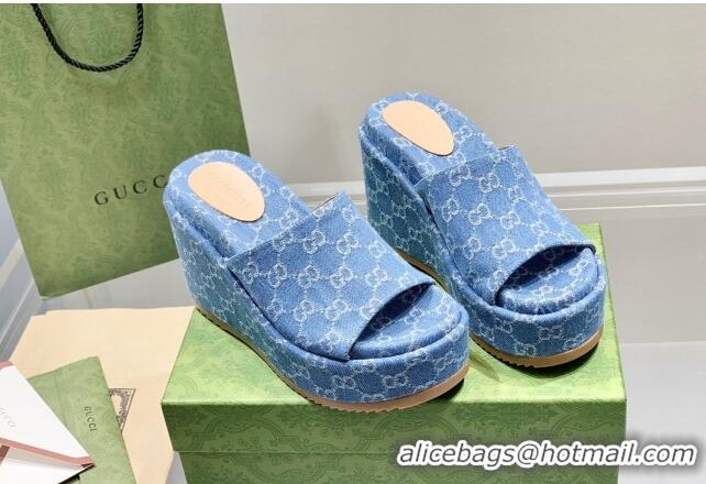 Grade Quality Gucci GG Denim Wedge Platform Slide Sandal Light Blue 0422105