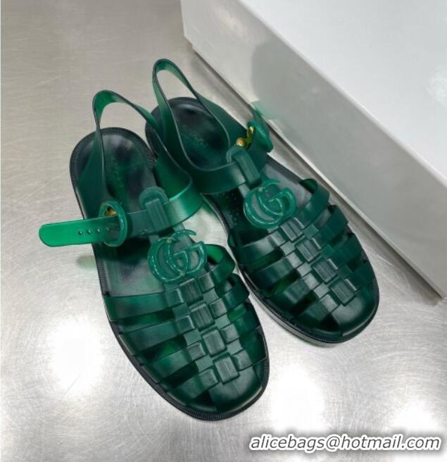 Classic Hot Gucci Rubber Strap Flat Sandals Green 042757