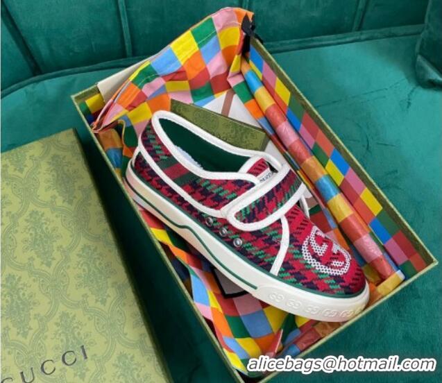 Stylish Gucci Tennis 1977 Houndstooth Sneakers Green/Red 050725