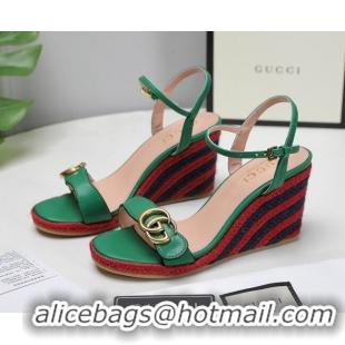 Best Grade Gucci Calfskin Wedge Sandals 8cm Green/Red/Navy Blue 050728