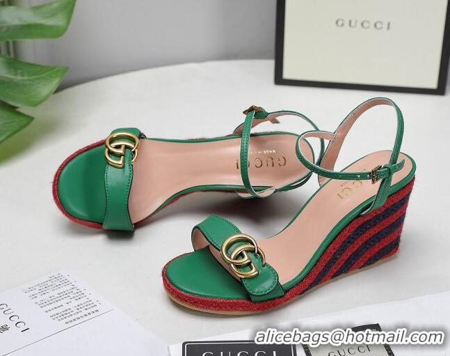 Best Grade Gucci Calfskin Wedge Sandals 8cm Green/Red/Navy Blue 050728