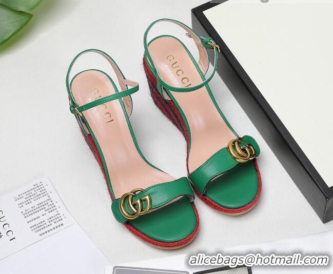 Best Grade Gucci Calfskin Wedge Sandals 8cm Green/Red/Navy Blue 050728