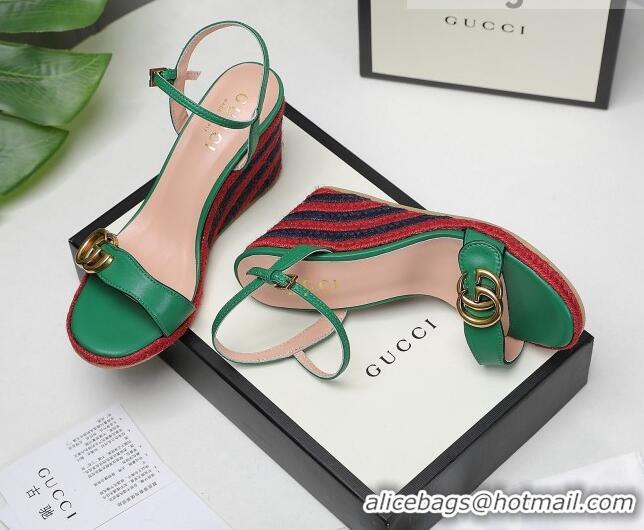 Best Grade Gucci Calfskin Wedge Sandals 8cm Green/Red/Navy Blue 050728