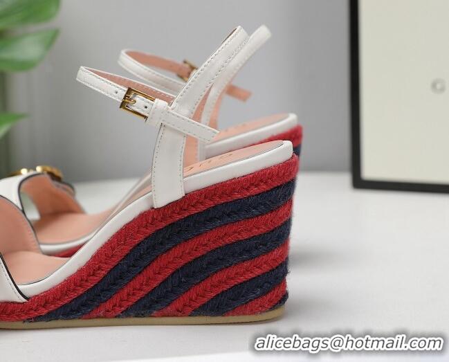 Good Product Gucci Calfskin Wedge Sandals 8cm White/Red/Navy Blue 050729