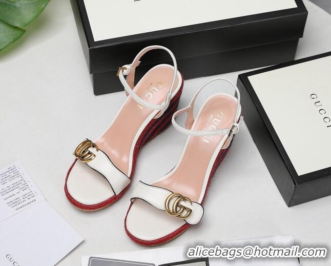 Good Product Gucci Calfskin Wedge Sandals 8cm White/Red/Navy Blue 050729