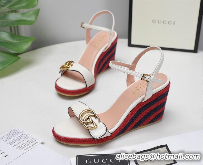 Good Product Gucci Calfskin Wedge Sandals 8cm White/Red/Navy Blue 050729