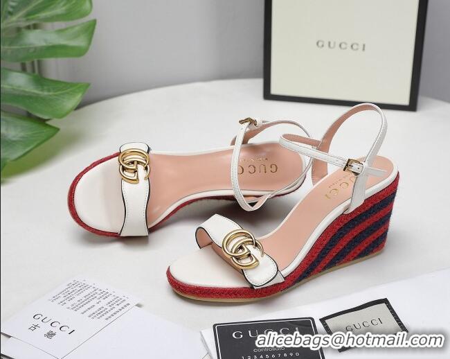 Good Product Gucci Calfskin Wedge Sandals 8cm White/Red/Navy Blue 050729