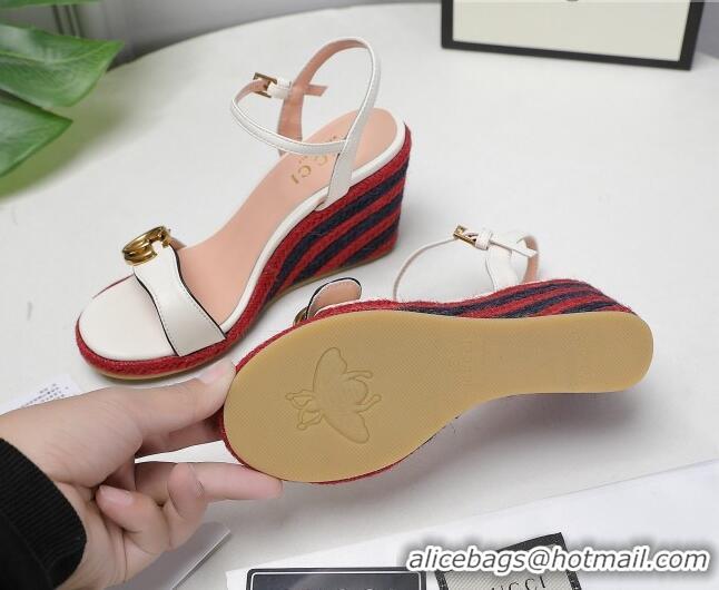 Good Product Gucci Calfskin Wedge Sandals 8cm White/Red/Navy Blue 050729