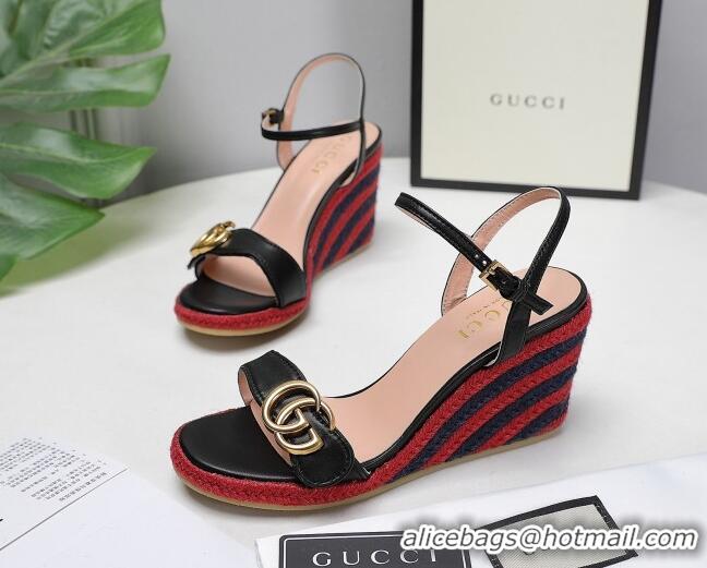 Unique Style Gucci Calfskin Wedge Sandals 8cm Black/Red/Navy Blue 050730