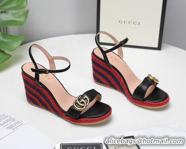 Unique Style Gucci Calfskin Wedge Sandals 8cm Black/Red/Navy Blue 050730