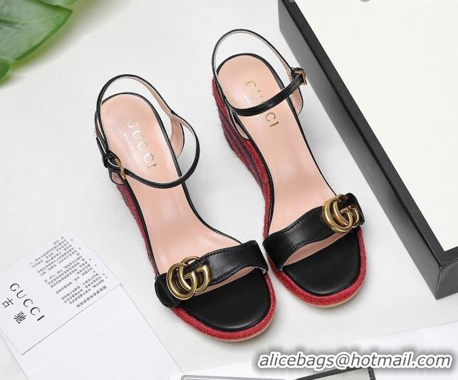 Unique Style Gucci Calfskin Wedge Sandals 8cm Black/Red/Navy Blue 050730