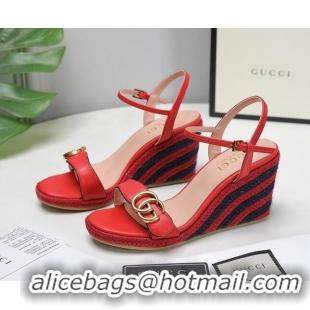 Top Grade Gucci Calfskin Wedge Sandals 8cm Red Leather/Navy Blue 050731