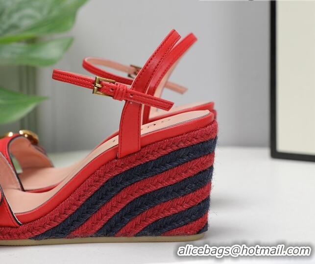 Top Grade Gucci Calfskin Wedge Sandals 8cm Red Leather/Navy Blue 050731