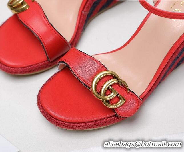 Top Grade Gucci Calfskin Wedge Sandals 8cm Red Leather/Navy Blue 050731