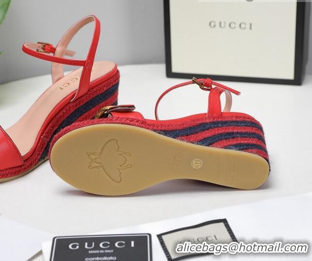 Top Grade Gucci Calfskin Wedge Sandals 8cm Red Leather/Navy Blue 050731