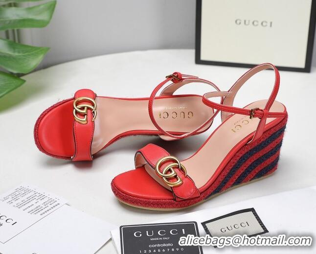 Top Grade Gucci Calfskin Wedge Sandals 8cm Red Leather/Navy Blue 050731