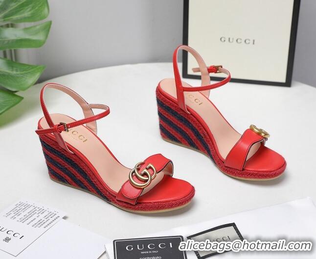 Top Grade Gucci Calfskin Wedge Sandals 8cm Red Leather/Navy Blue 050731