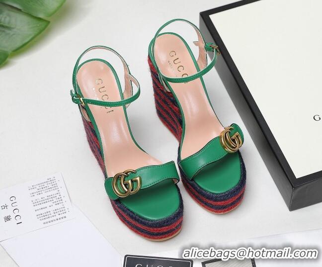 Charming Gucci Calfskin Wedge Platform Sandals 13cm Green/Red/Navy Blue 050732