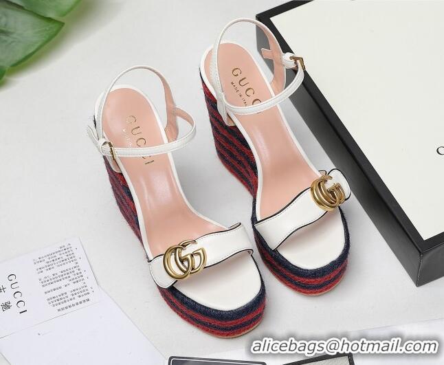 Good Quality Gucci Calfskin Wedge Platform Sandals 13cm White/Red/Navy Blue 050733