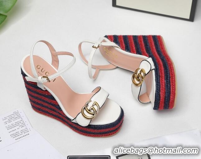 Good Quality Gucci Calfskin Wedge Platform Sandals 13cm White/Red/Navy Blue 050733