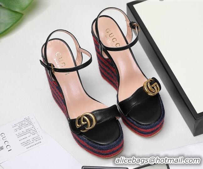 Good Looking Gucci Calfskin Wedge Platform Sandals 13cm Black/Red/Navy Blue 050734 