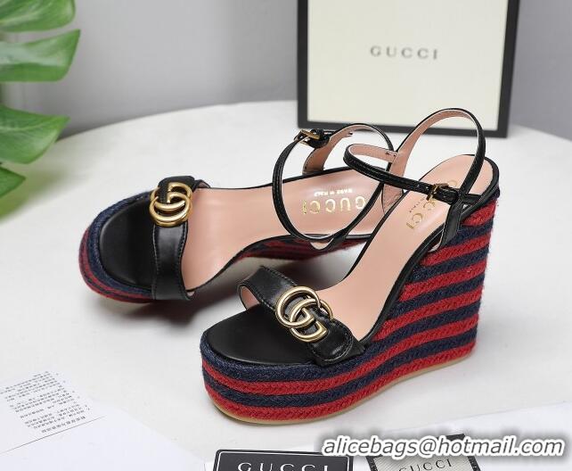 Good Looking Gucci Calfskin Wedge Platform Sandals 13cm Black/Red/Navy Blue 050734 