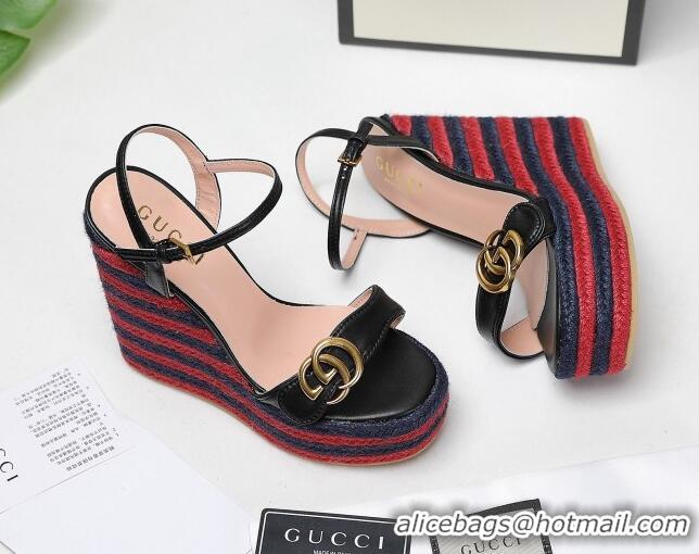 Good Looking Gucci Calfskin Wedge Platform Sandals 13cm Black/Red/Navy Blue 050734 