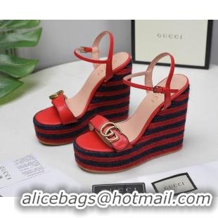 Top Design Gucci Calfskin Wedge Platform Sandals 13cm Red Leather/Navy Blue 050735