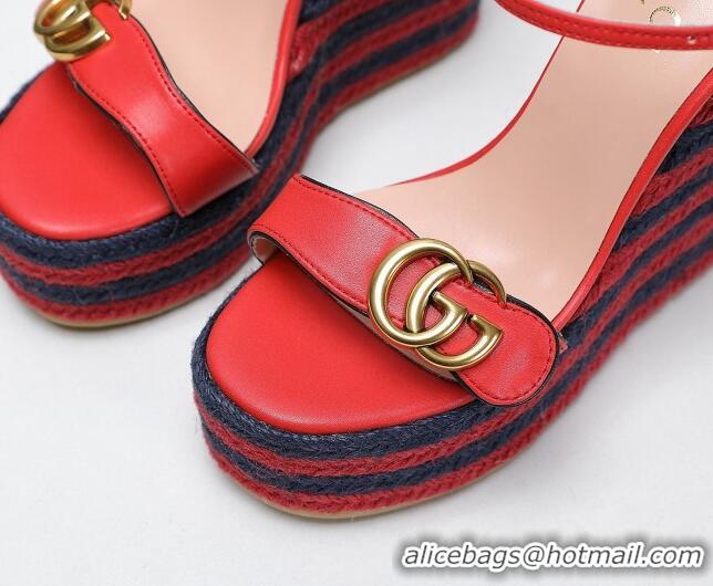 Top Design Gucci Calfskin Wedge Platform Sandals 13cm Red Leather/Navy Blue 050735