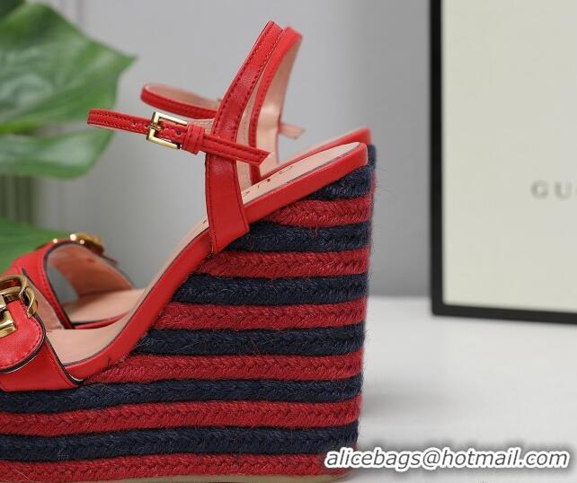 Top Design Gucci Calfskin Wedge Platform Sandals 13cm Red Leather/Navy Blue 050735