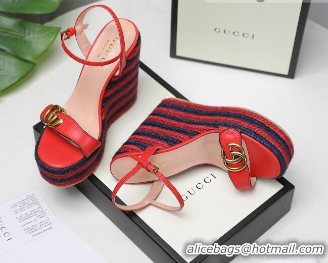 Top Design Gucci Calfskin Wedge Platform Sandals 13cm Red Leather/Navy Blue 050735