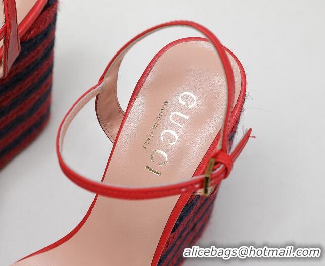 Top Design Gucci Calfskin Wedge Platform Sandals 13cm Red Leather/Navy Blue 050735