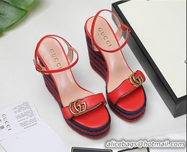 Top Design Gucci Calfskin Wedge Platform Sandals 13cm Red Leather/Navy Blue 050735