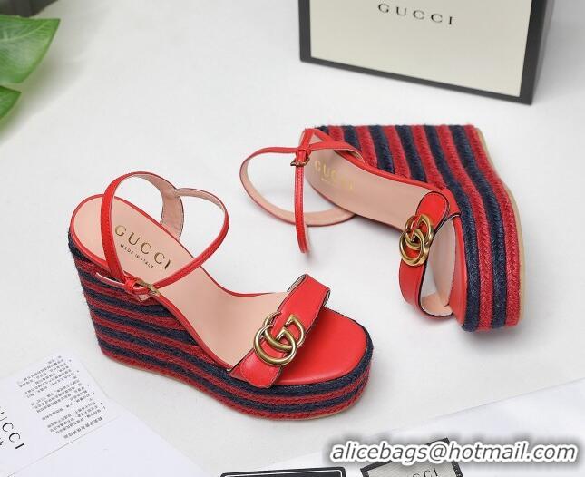 Top Design Gucci Calfskin Wedge Platform Sandals 13cm Red Leather/Navy Blue 050735